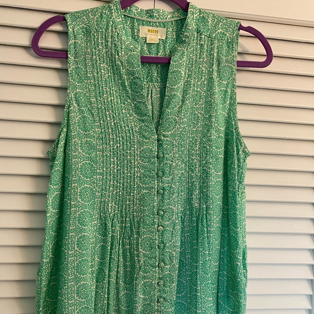 Maeve green printed blouse with fabric covered buttons